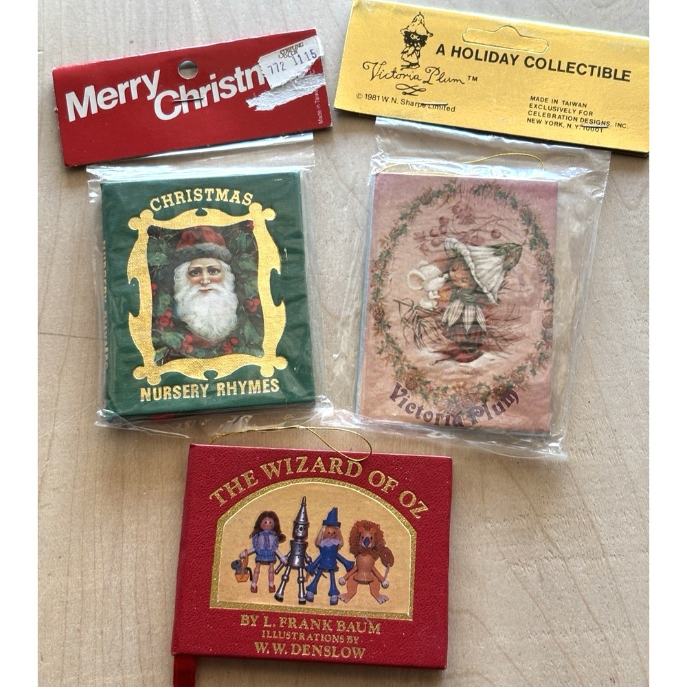 Vtg Christmas Ornament Mini Books LOT of 3 Wizard Oz Nursery Rhyme Victoria Plum